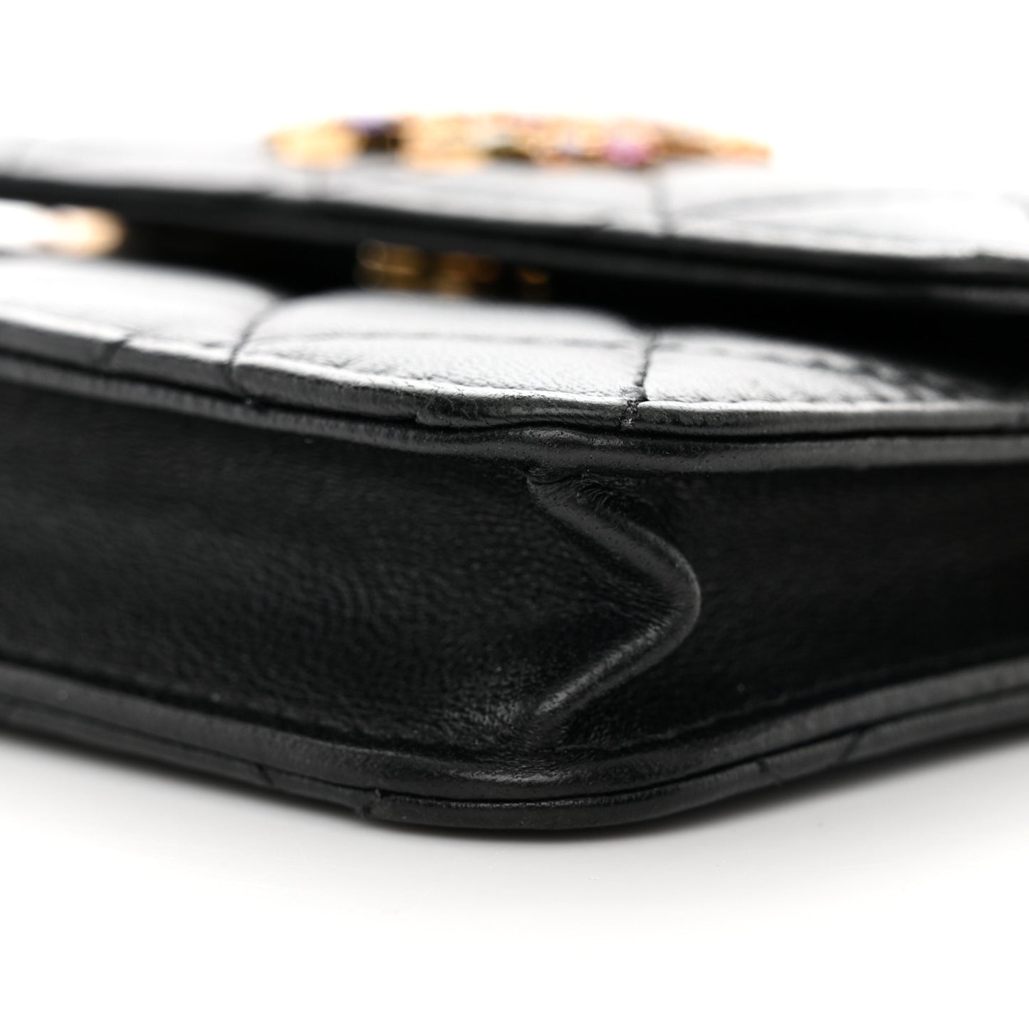 Lambskin Quilted Zirconium Pearl Card Holder Flap With Chain Black