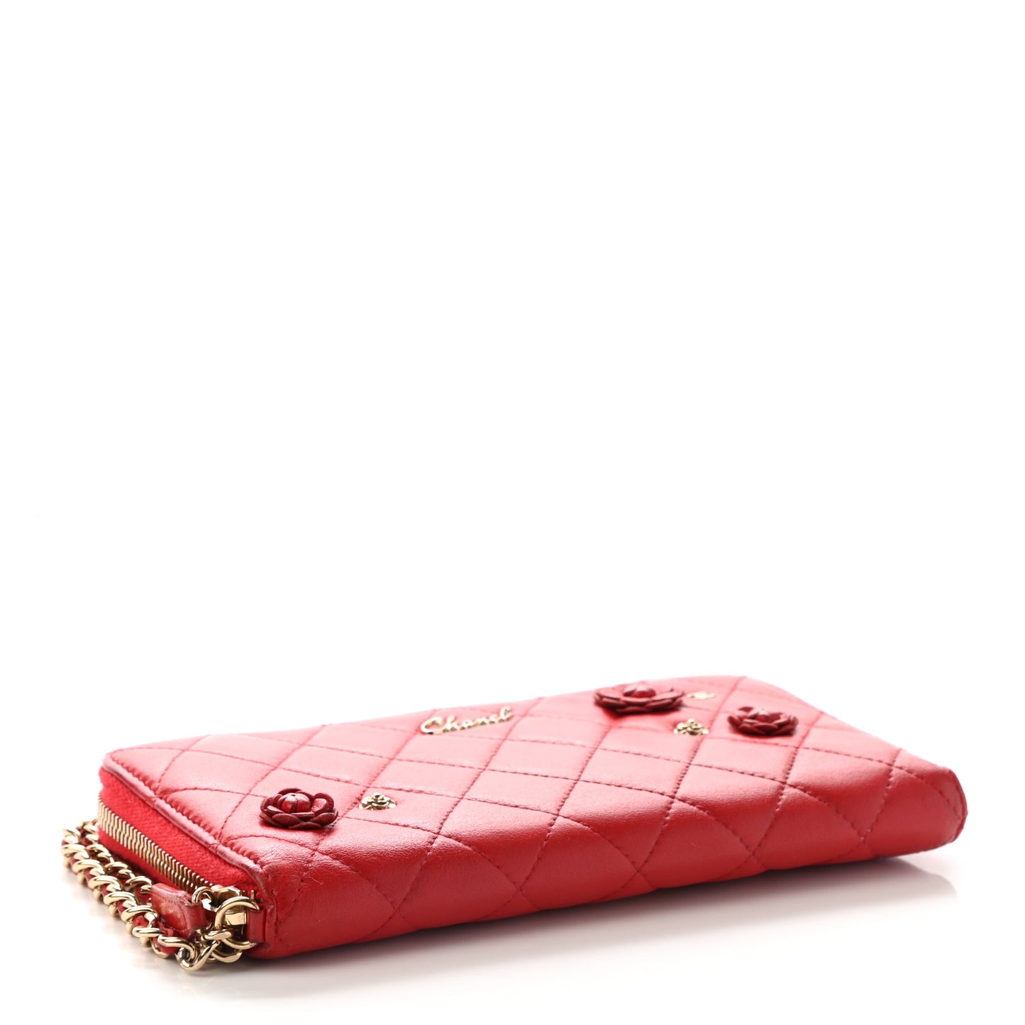 Lambskin Quilted Camellia Zip Around Wristlet Wallet Red