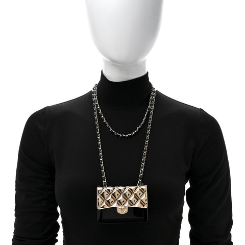 Metal Resin Lambskin Flap Bag Long Necklace Gold Black