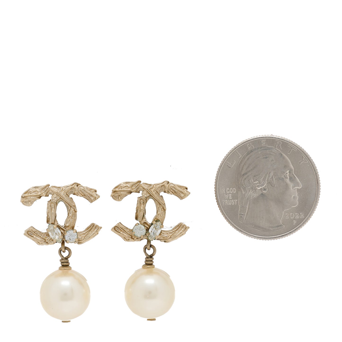 Pearl Crystal CC Drop Earrings Gold