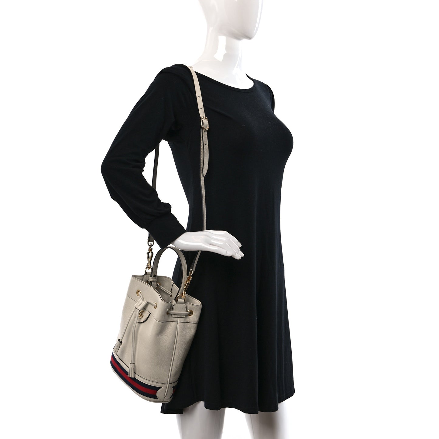 Glazed Textured Calfskin Web Small Ophidia Bucket Bag Mystic White