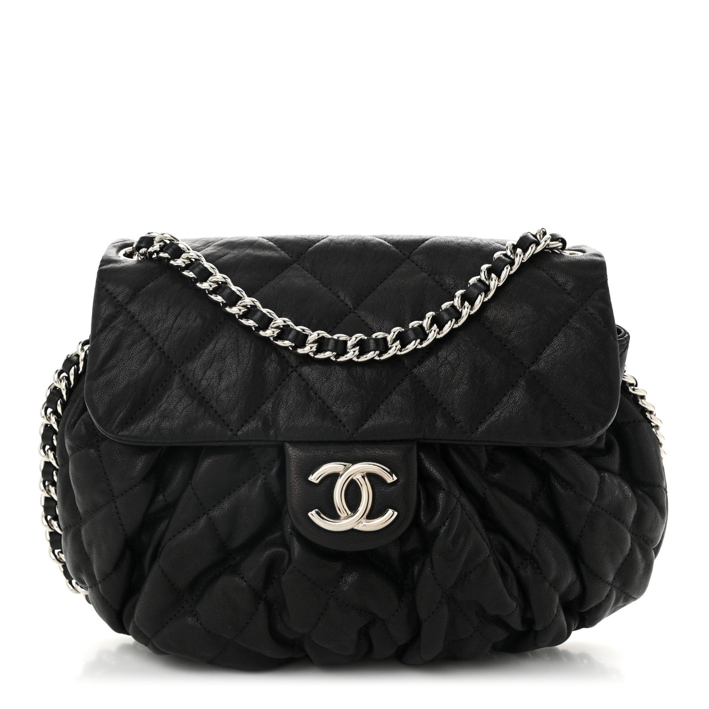 Washed Lambskin Quilted Medium Chain Around Messenger Black