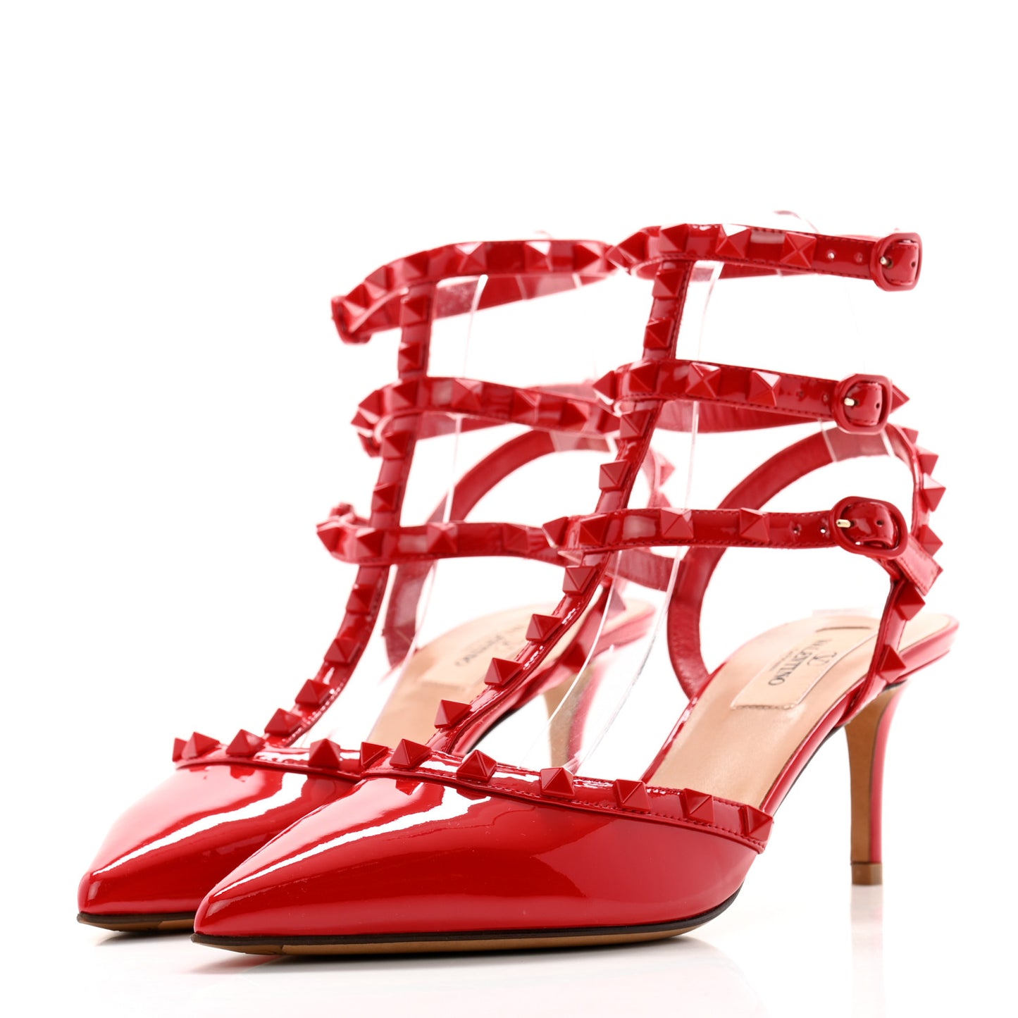 Patent Nappa Lacquered Monochrome Rockstud Ankle Strap 65mm Pumps 38 Rouge Pur