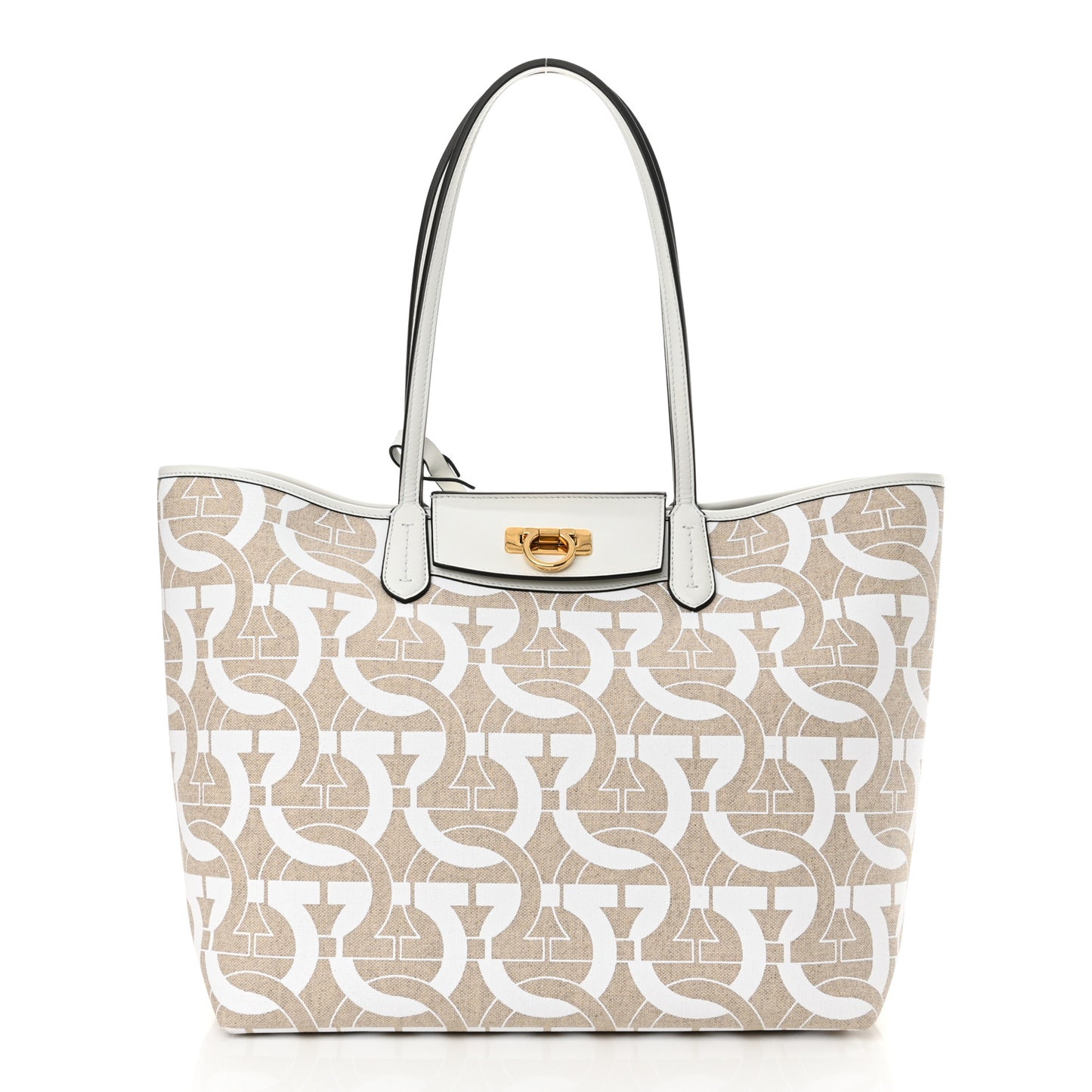 Canvas Calfskin Gancini Tote White Beige