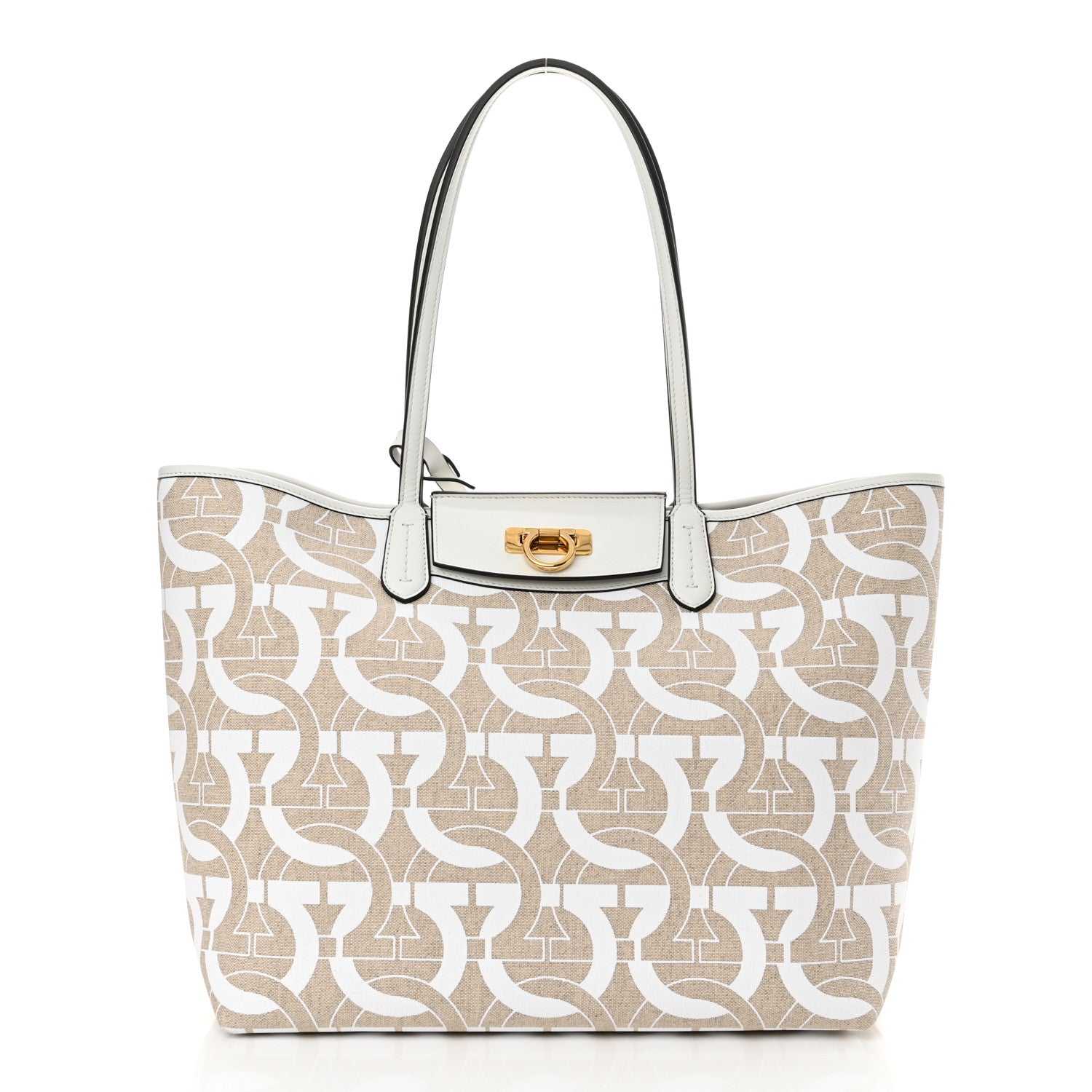 Salvatore Ferragamo Canvas Calfskin Gancini Tote White Beige 3 of 12