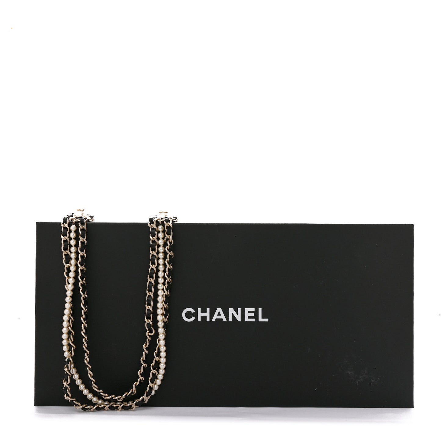 Pearl Lambskin Chain CC Multi Strand Necklace Gold Black