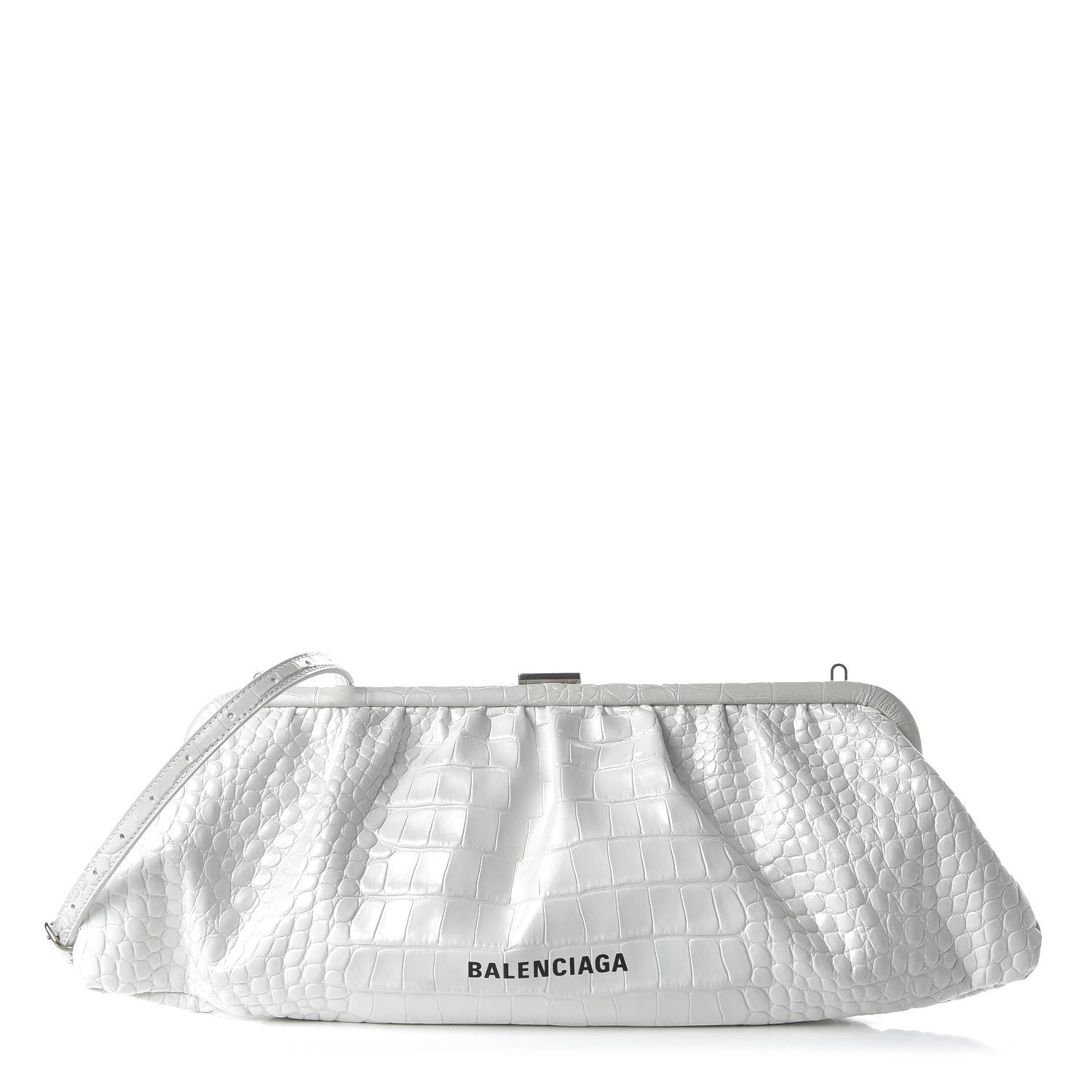 Balenciaga Shiny Supple Calfskin Logo Crocodile Embossed XL Cloud Clutch White 1 of 10