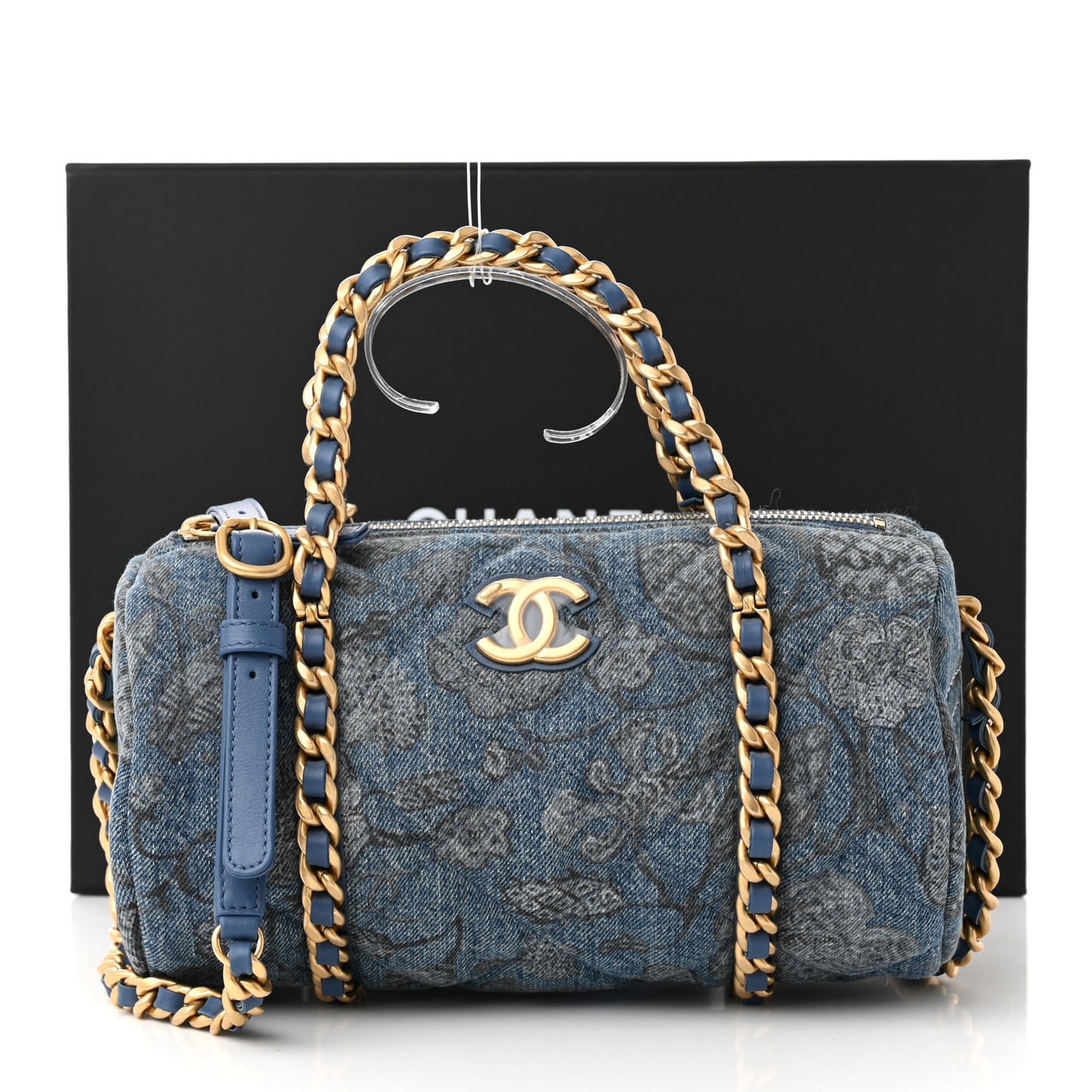 Denim Printed Destination Chenonceau Bowling Bag Blue Grey White