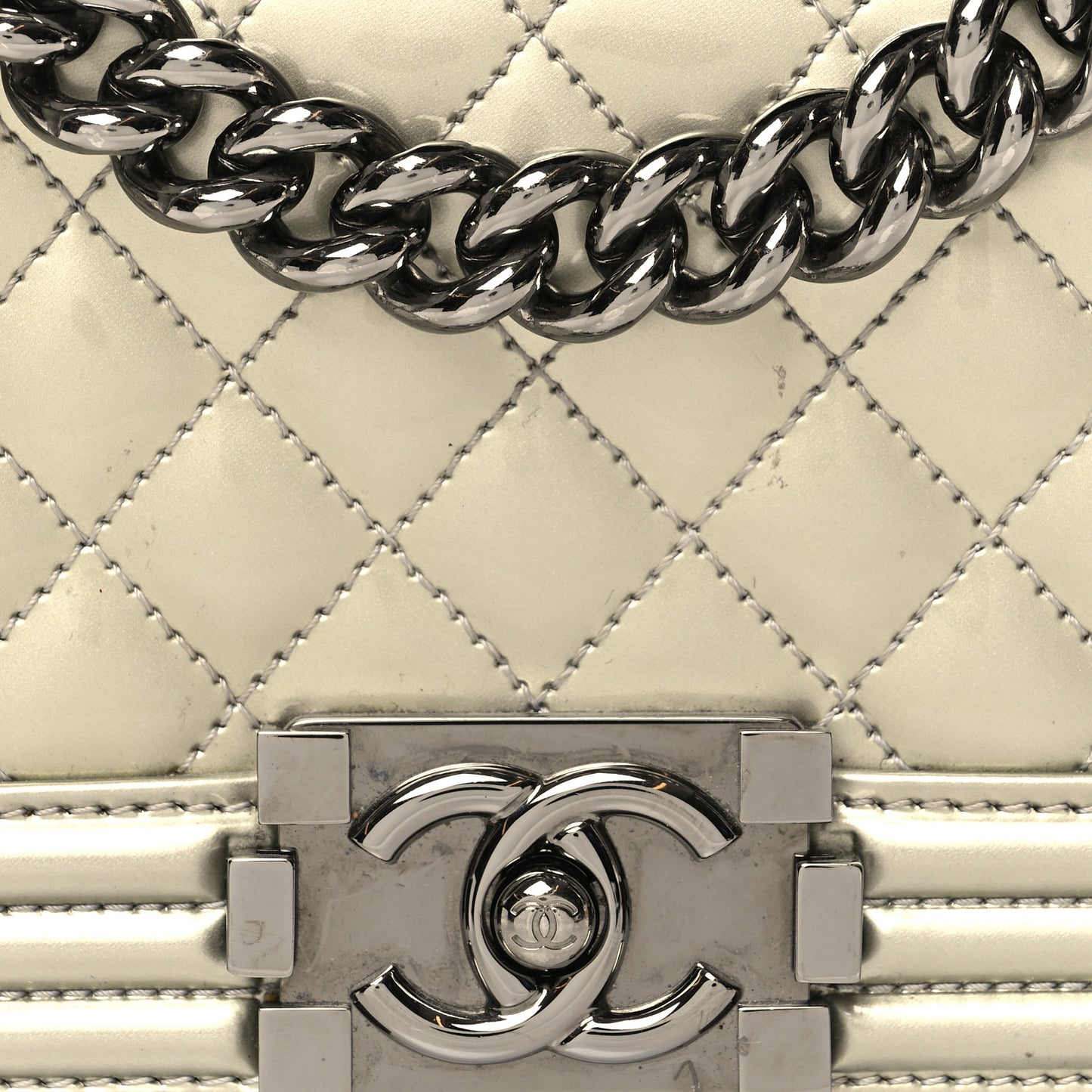 Metallic Patent Calfskin Quilted Small Boy Flap Silver