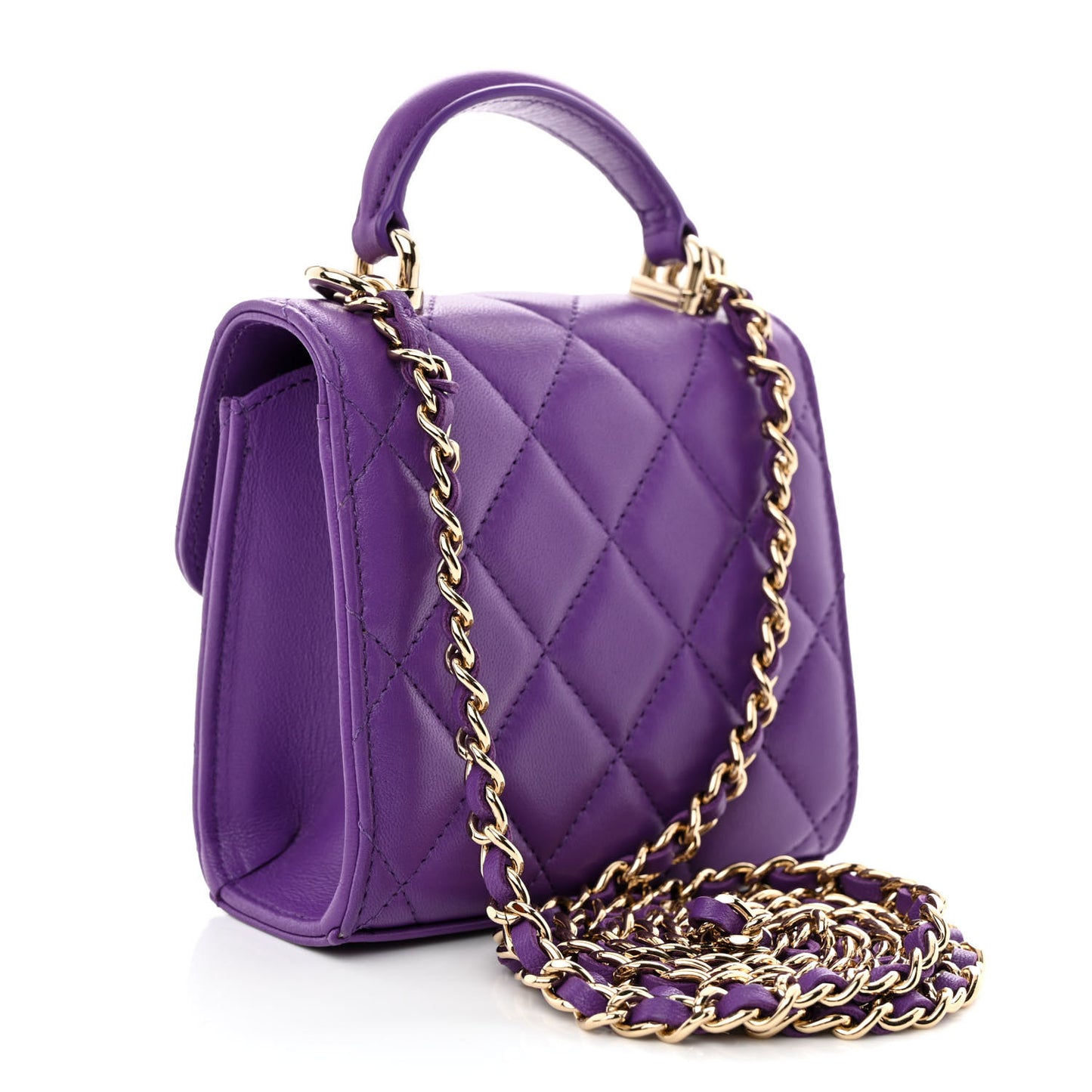Lambskin Quilted Top Handle Clutch With Chain Purple