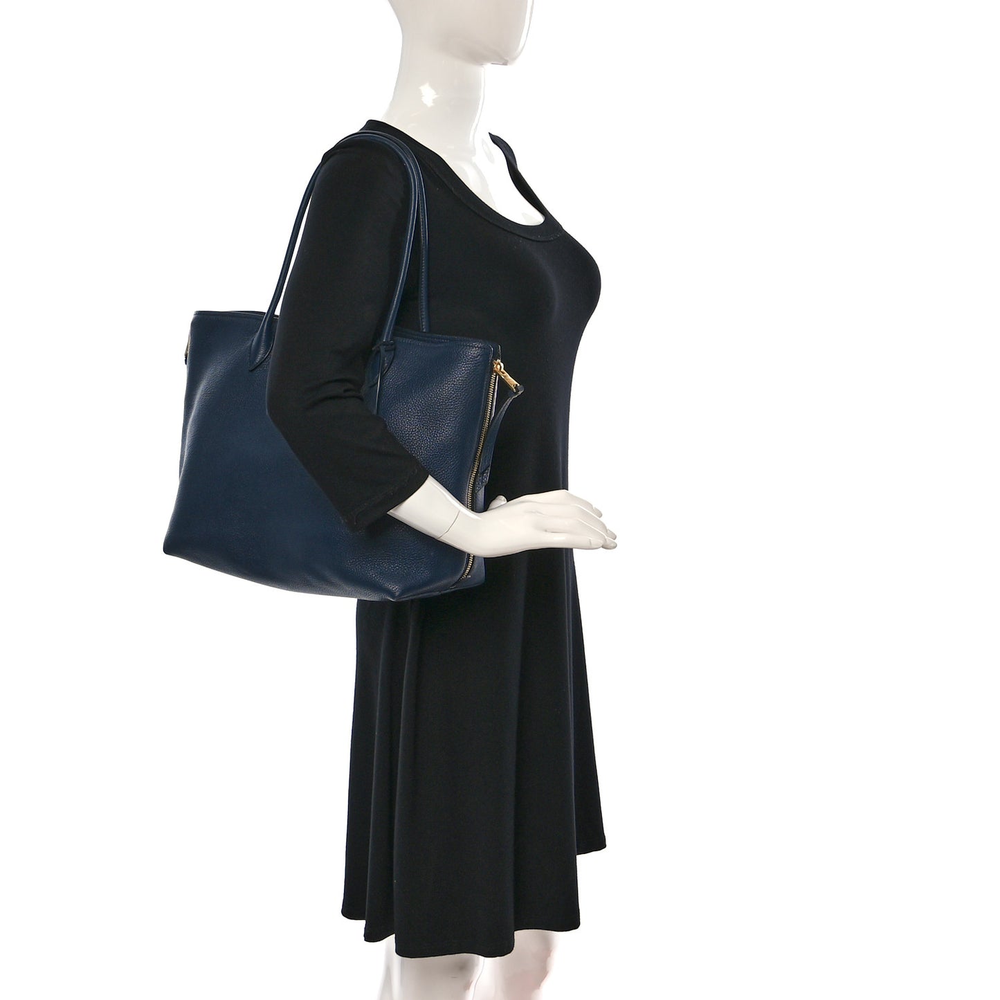 Vitello Daino Zip Shopping Tote Navy Blue