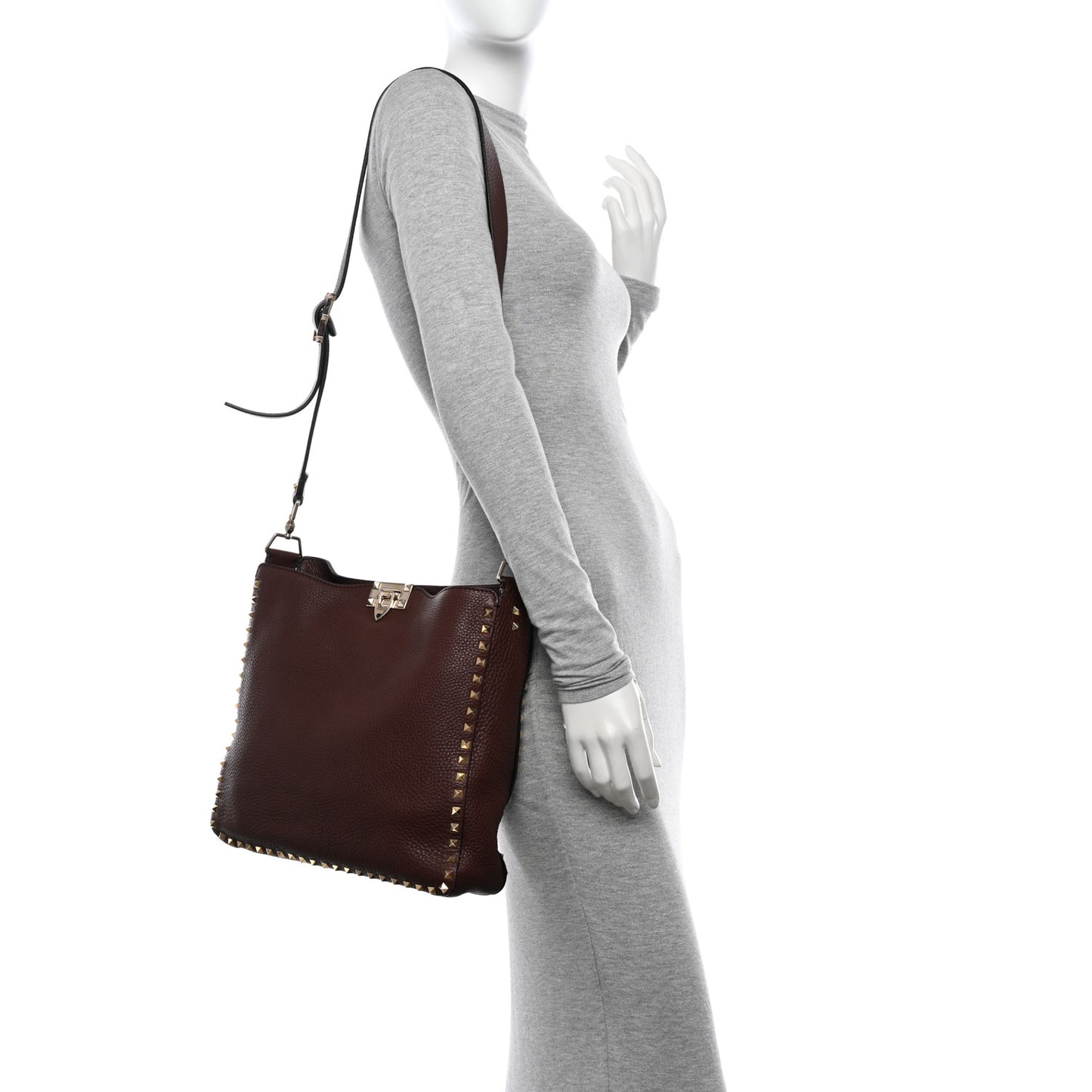 Pebbled Calfskin Large Rockstud Flip-Lock Messenger Bag Brown