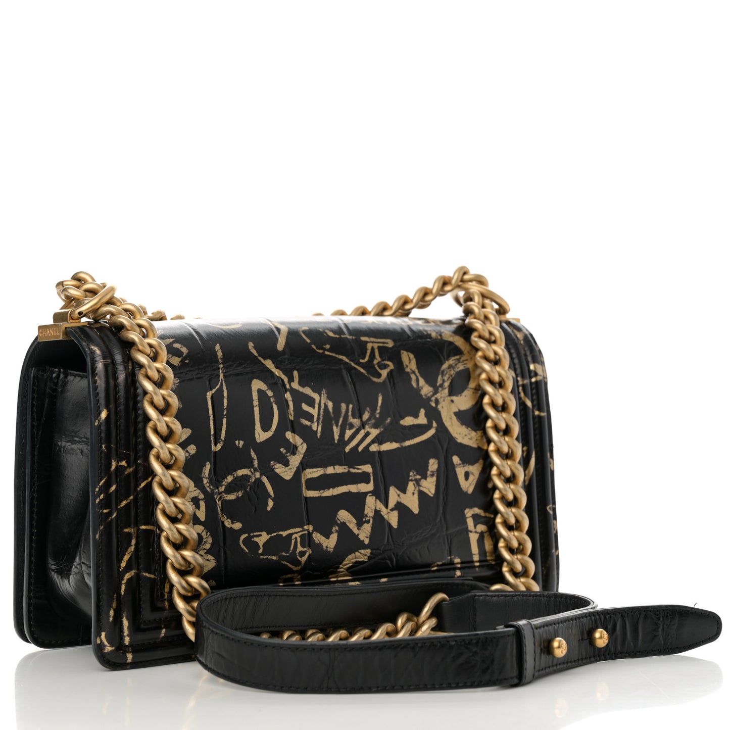 Calfskin Crocodile Embossed Graffiti Cocodile Medium Boy Flap Black Gold