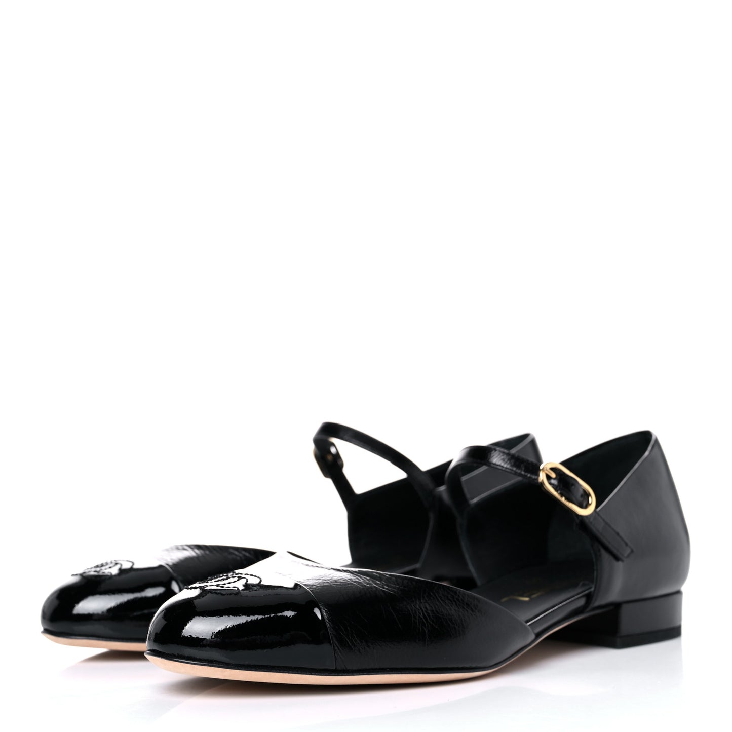 Glazed Calfskin Patent Cap Toe CC Mary Jane Flats 36.5 Black