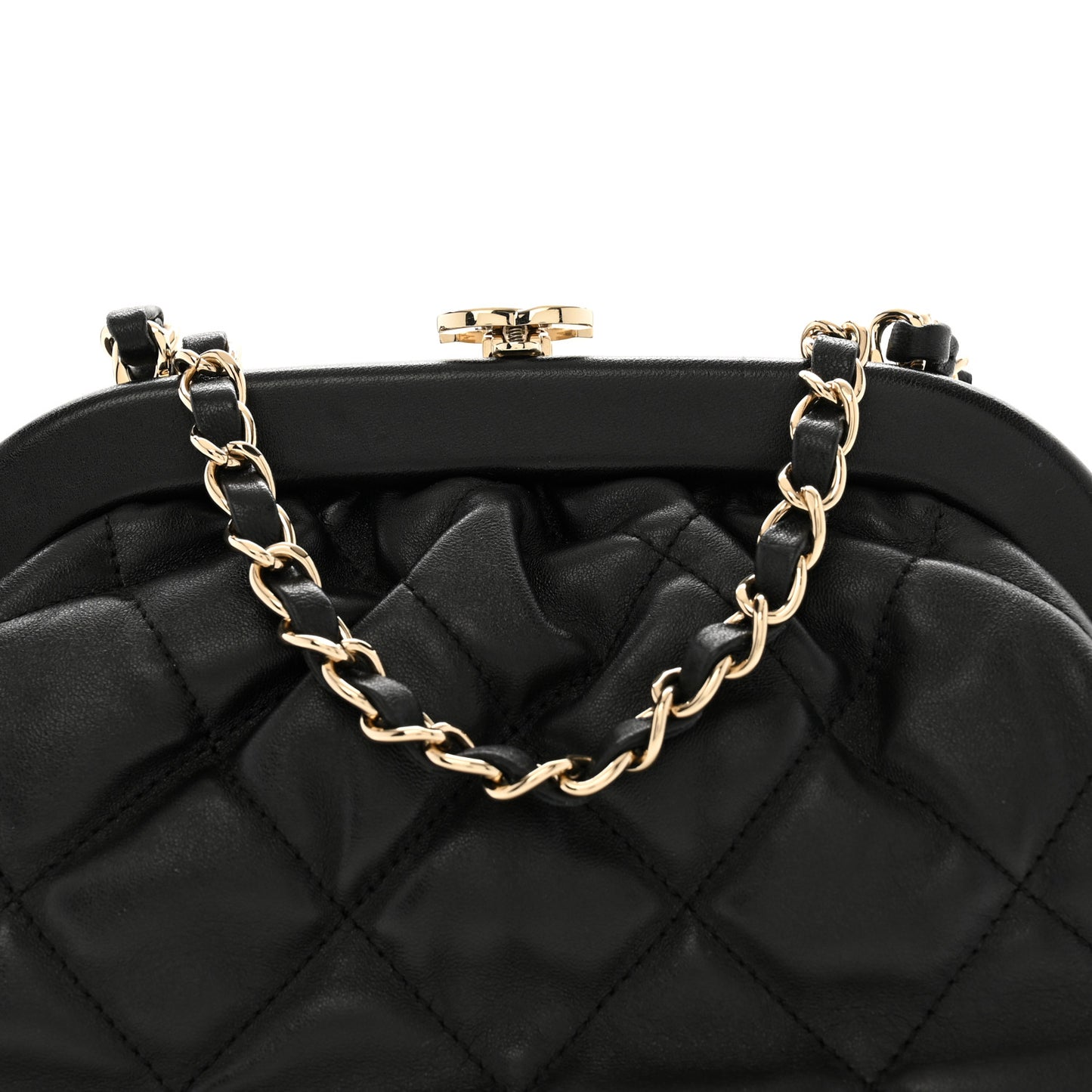 Lambskin Quilted CC Kisslock Clutch Black