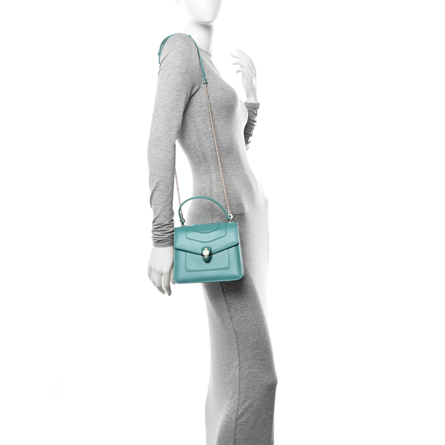 Calfskin Contrast Serpenti Forever Top Handle Tropical Turquoise Milky Opal
