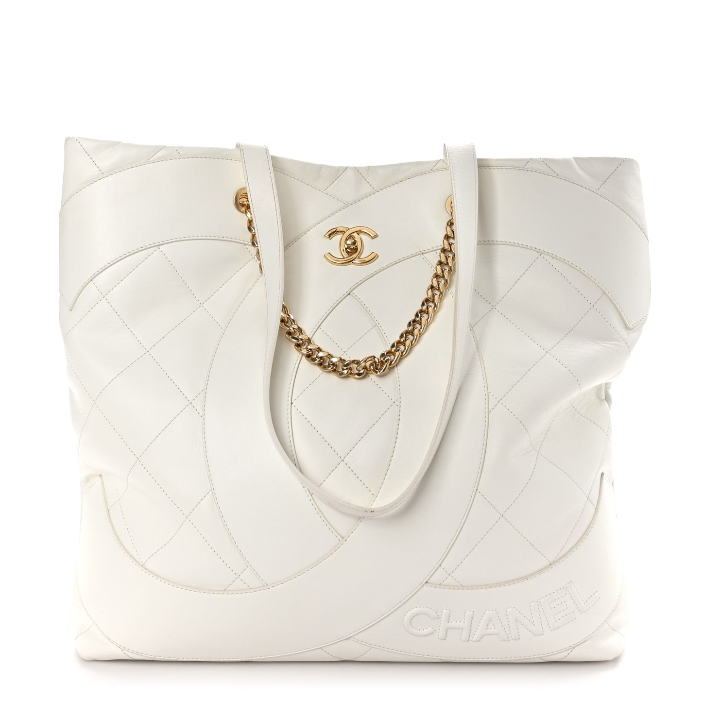 Calfskin Stitched CC Shopper Tote White