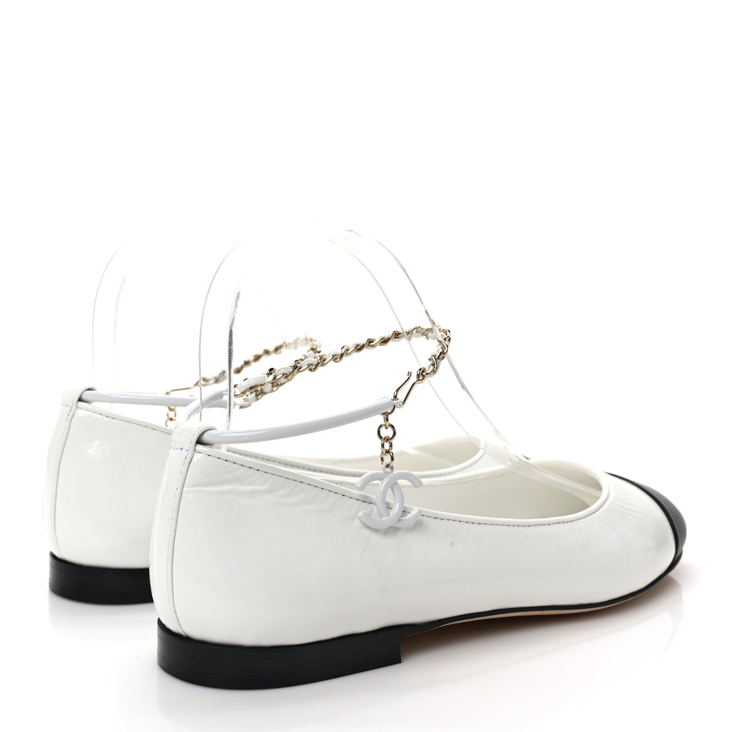 Lambskin Patent Calfskin Cap Toe Ankle Chain Ballerina Flats 37.5 White Black