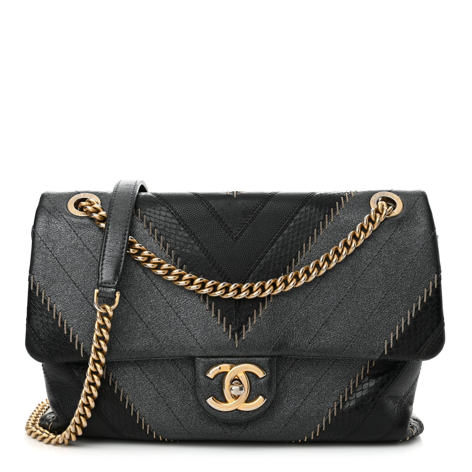 Chanel Calfskin Iridescent Snakeskin Patchwork Chevron Medium Flap Black Silver 1 of 12