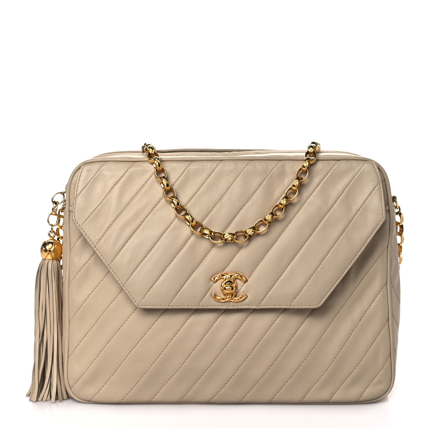 Lambskin Diagonal Quilted Tassel Camera Bag Light Beige