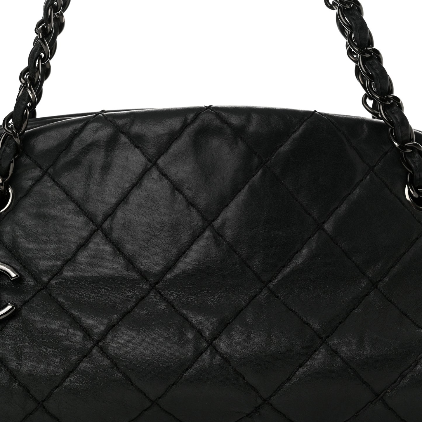 Iridescent Calfskin Stitched Just Mademoiselle Bowling Bag Black