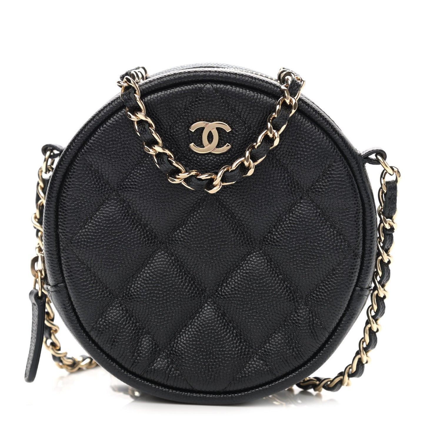 Caviar Quilted Round Clutch With Chain Black
