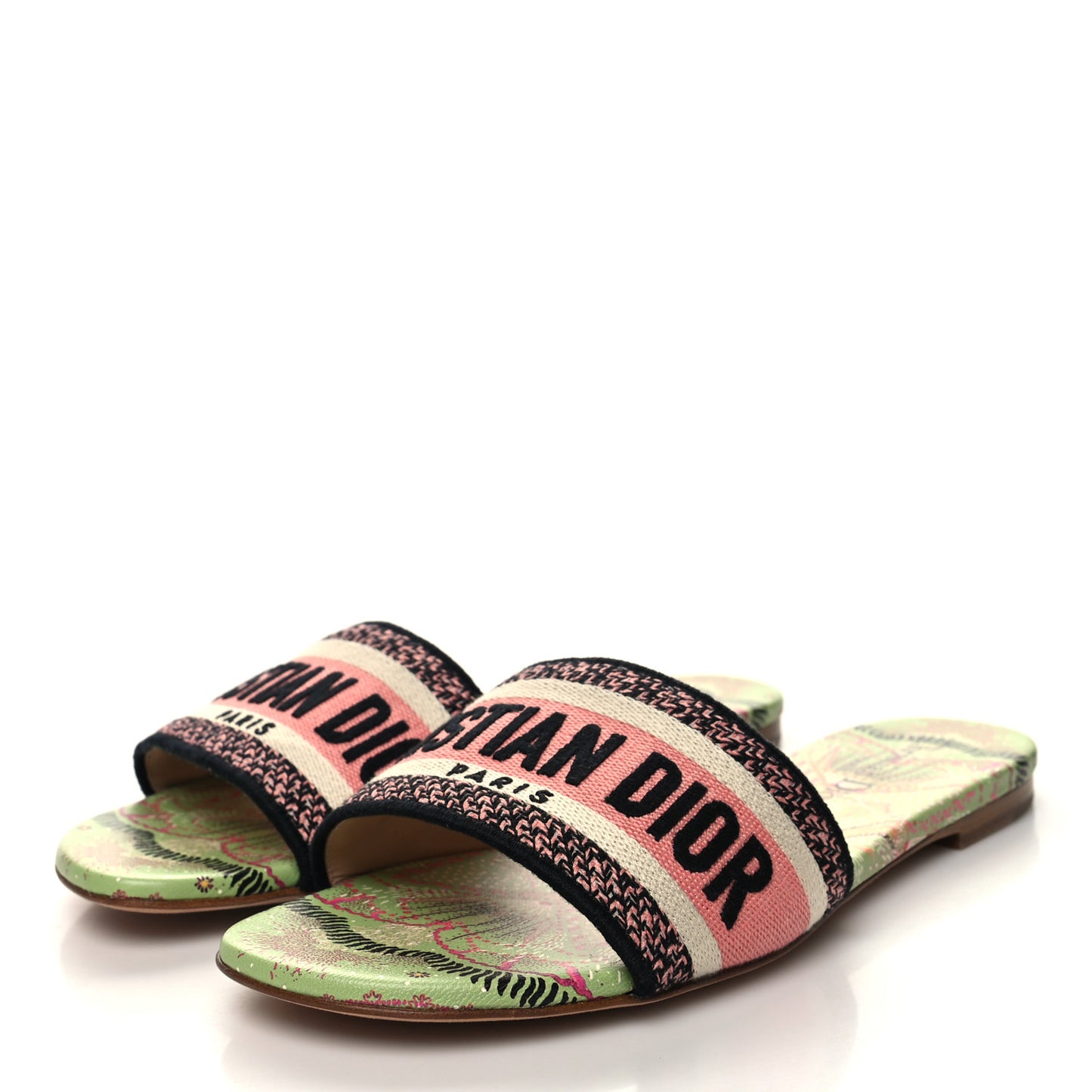 Canvas Embroidered In Lights Dway Mules Slide Sandals 37.5 Green Pink