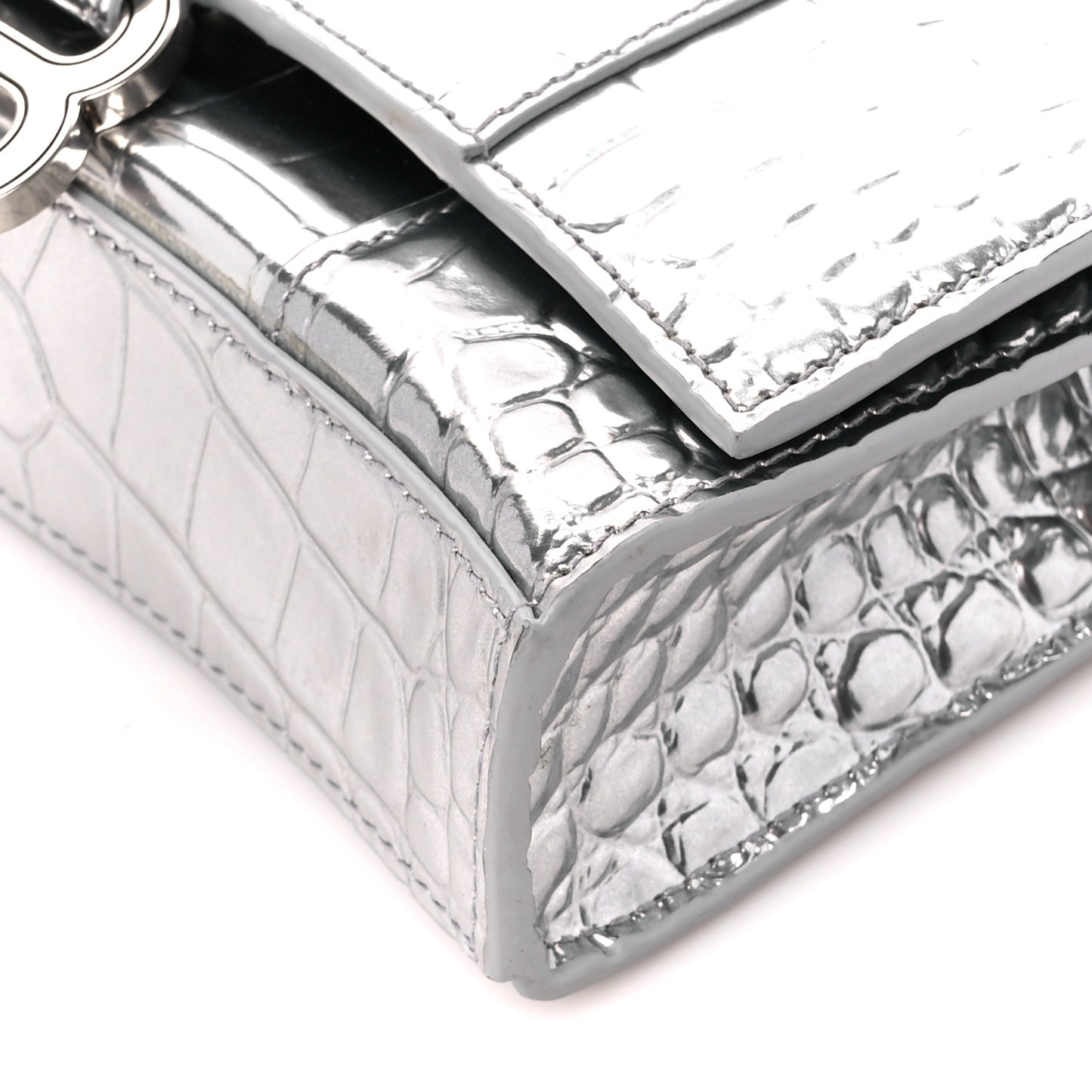 Metallic Calfskin Crocodile Embossed Hourglass Chain Bag Silver