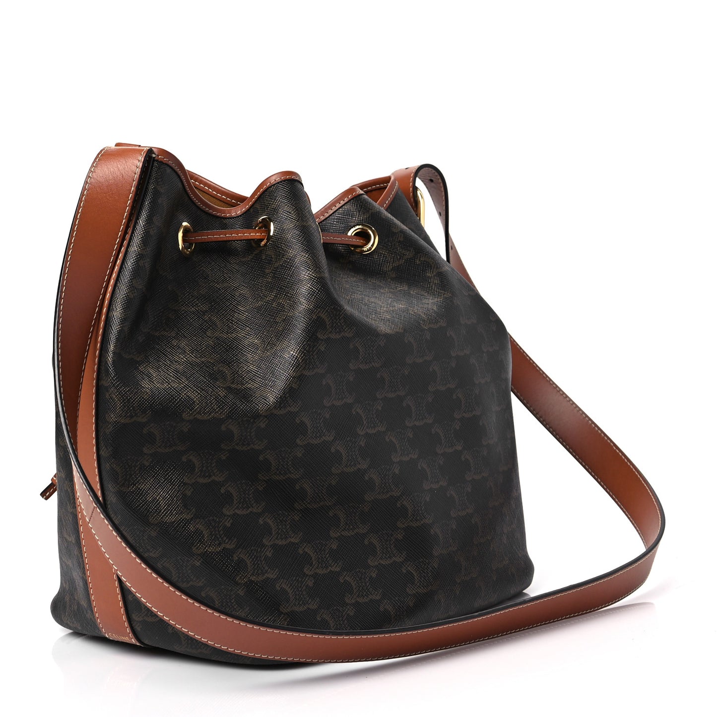 Triomphe Canvas Calfskin Medium Drawstring Bucket Bag Tan