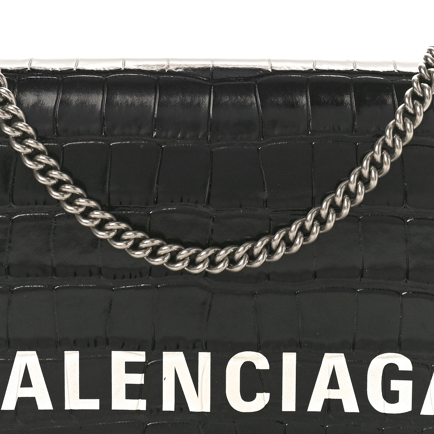Shiny Calfskin Logo Crocodile Embossed Ville Wallet on Chain Black