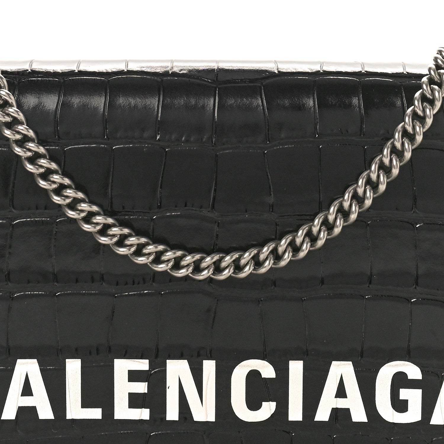 Balenciaga Shiny Calfskin Logo Crocodile Embossed Ville Wallet on Chain Black 8 of 13