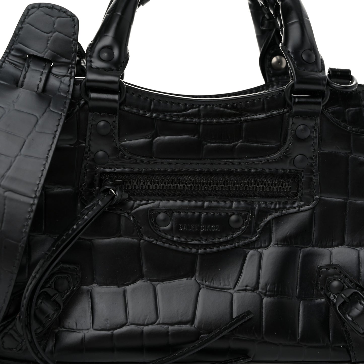 Semi Shiny Calfskin Crocodile Embossed Neo Classic Black Hardware Mini City Black