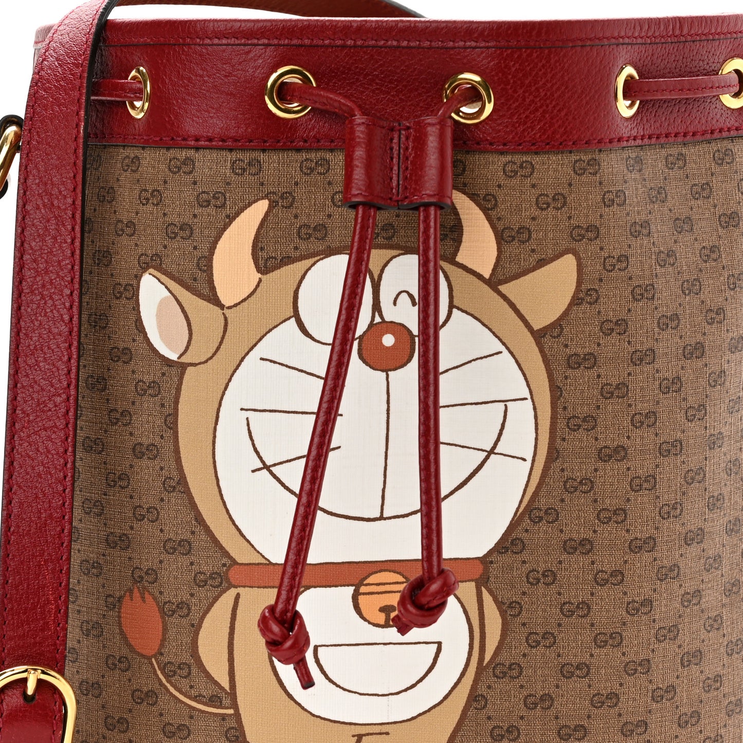 X DORAEMON Vintage GG Supreme Monogram Small Bucket Bag Beige Cherry Red