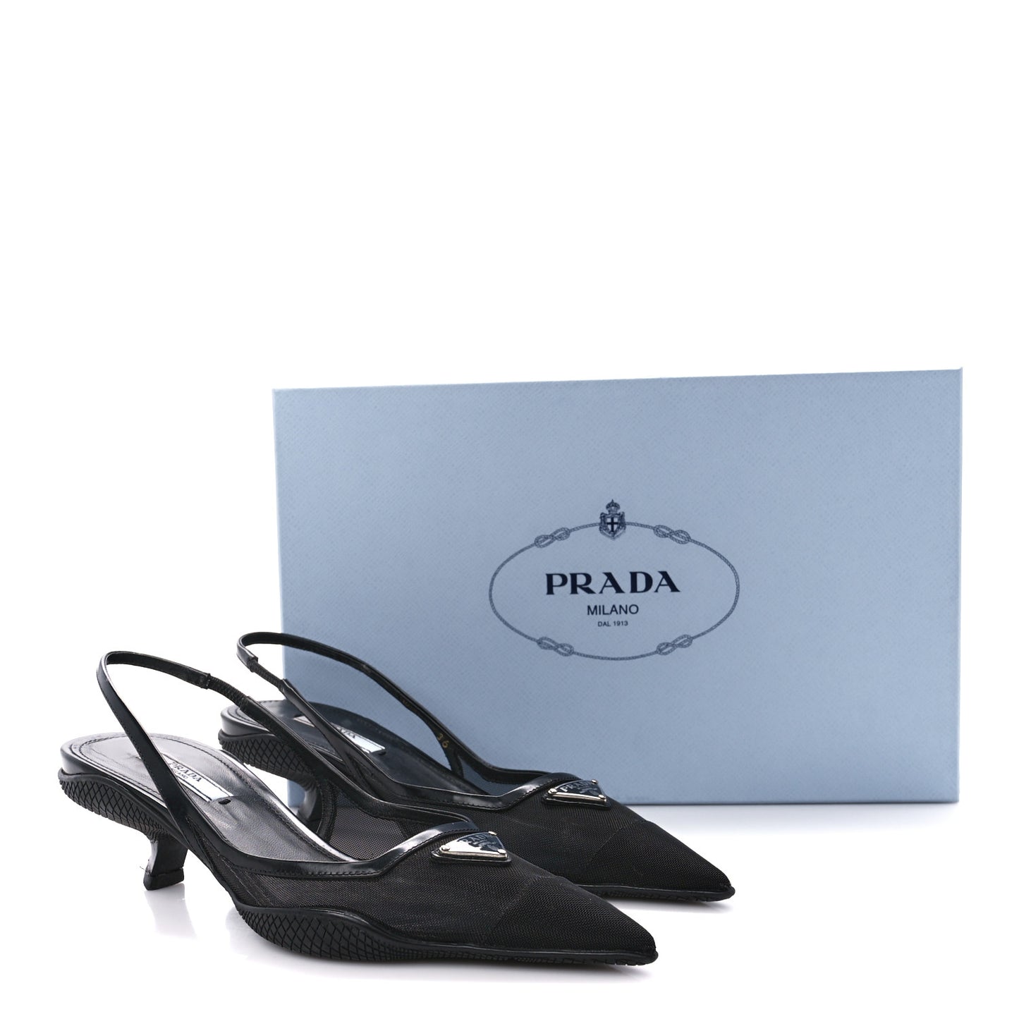 Mesh Nappa Triangle Logo Pointed Toe 45mm Slingback Pumps 36 Black