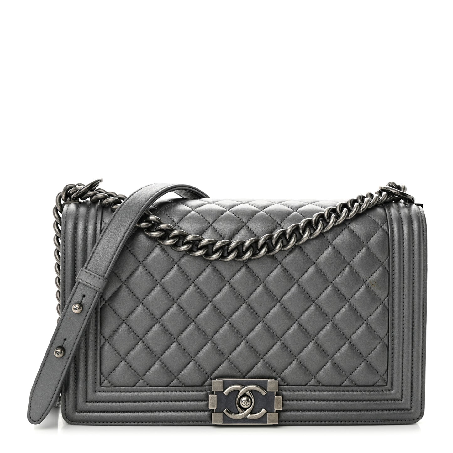 Metallic Calfskin Quilted New Medium Boy Flap Dark Silver