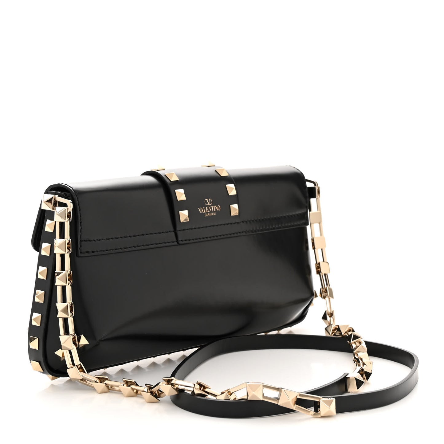 Brushed Calfskin Rockstud Flip Lock Chain Shoulder Bag Black