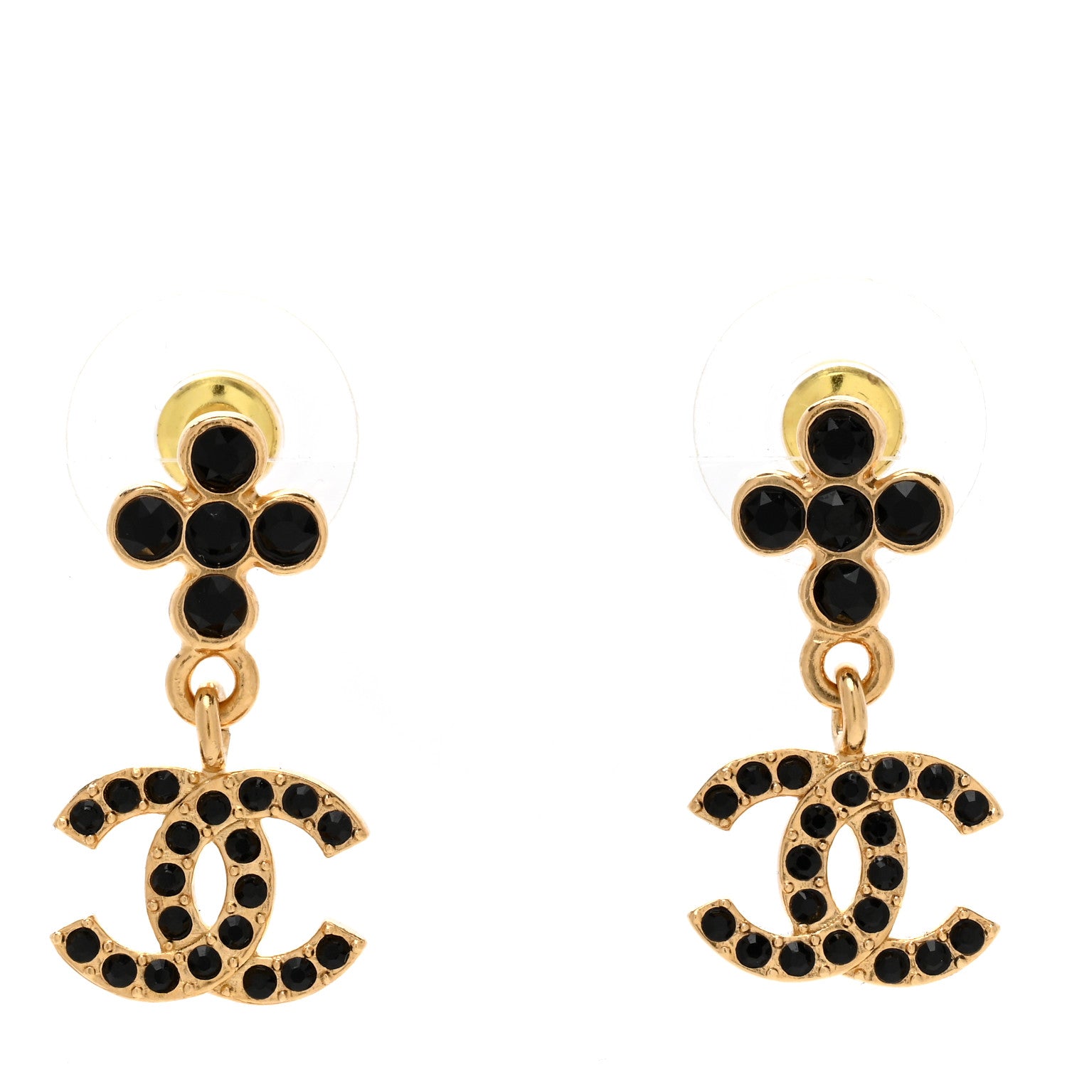 Chanel Crystal CC Drop Earrings Gold Black 1 of 4