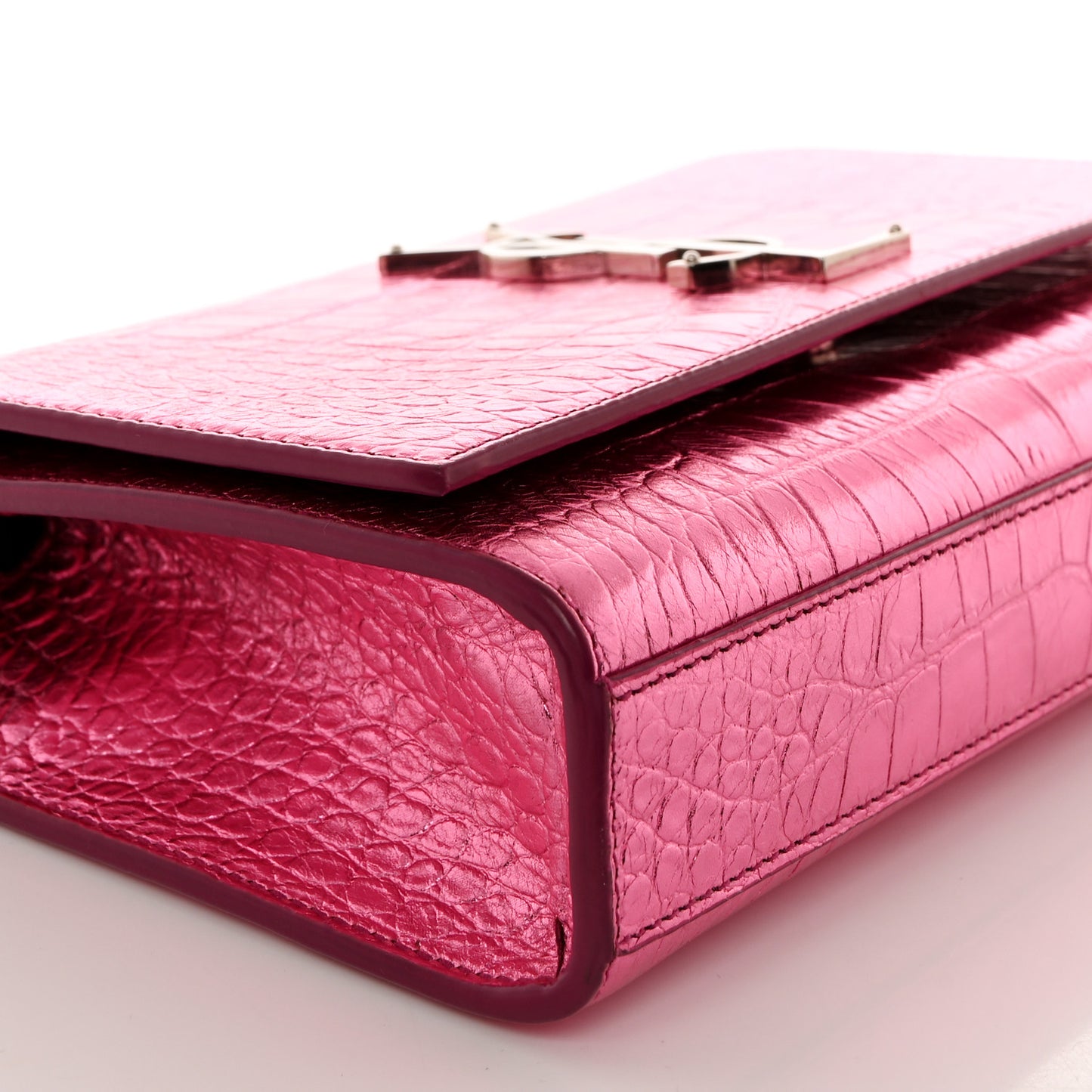 Metallic Calfskin Crocodile Embossed Small Classic Monogram Kate Tassel Satchel Pink