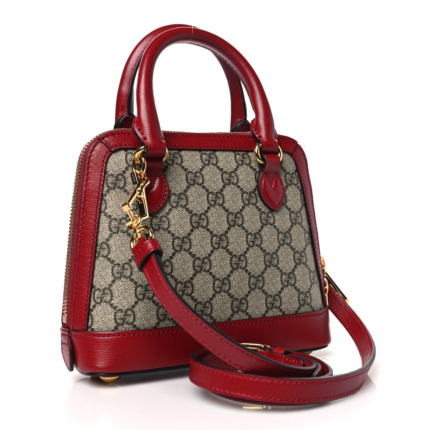 GG Supreme Monogram Azalea Calfskin Mini Horsebit 1955 Top Handle Bag Beige New Cherry Red