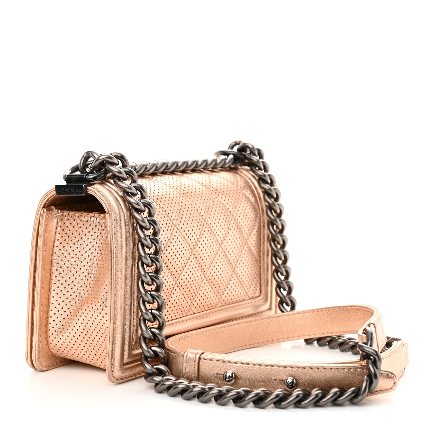 Metallic Calfskin Perforated Small Boy Flap Gold