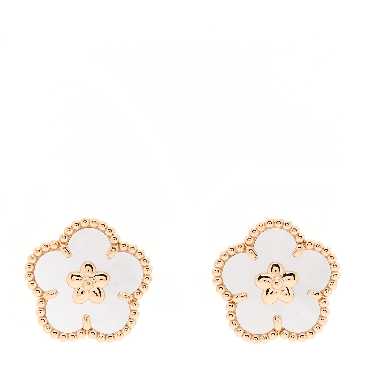 Van Cleef & Arpels 18K Rose Gold Mother of Pearl Lucky Springs Plum Blossom Earrings 1 of 6