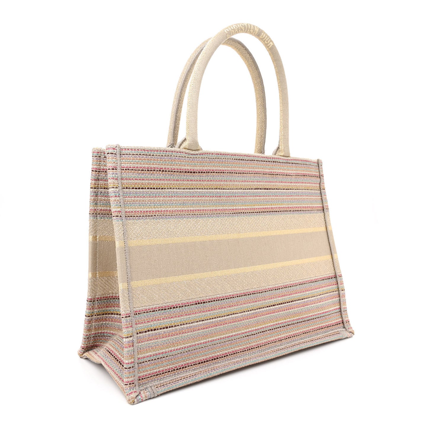 Canvas Embroidered Medium Stripes Book Tote Beige Multicolor