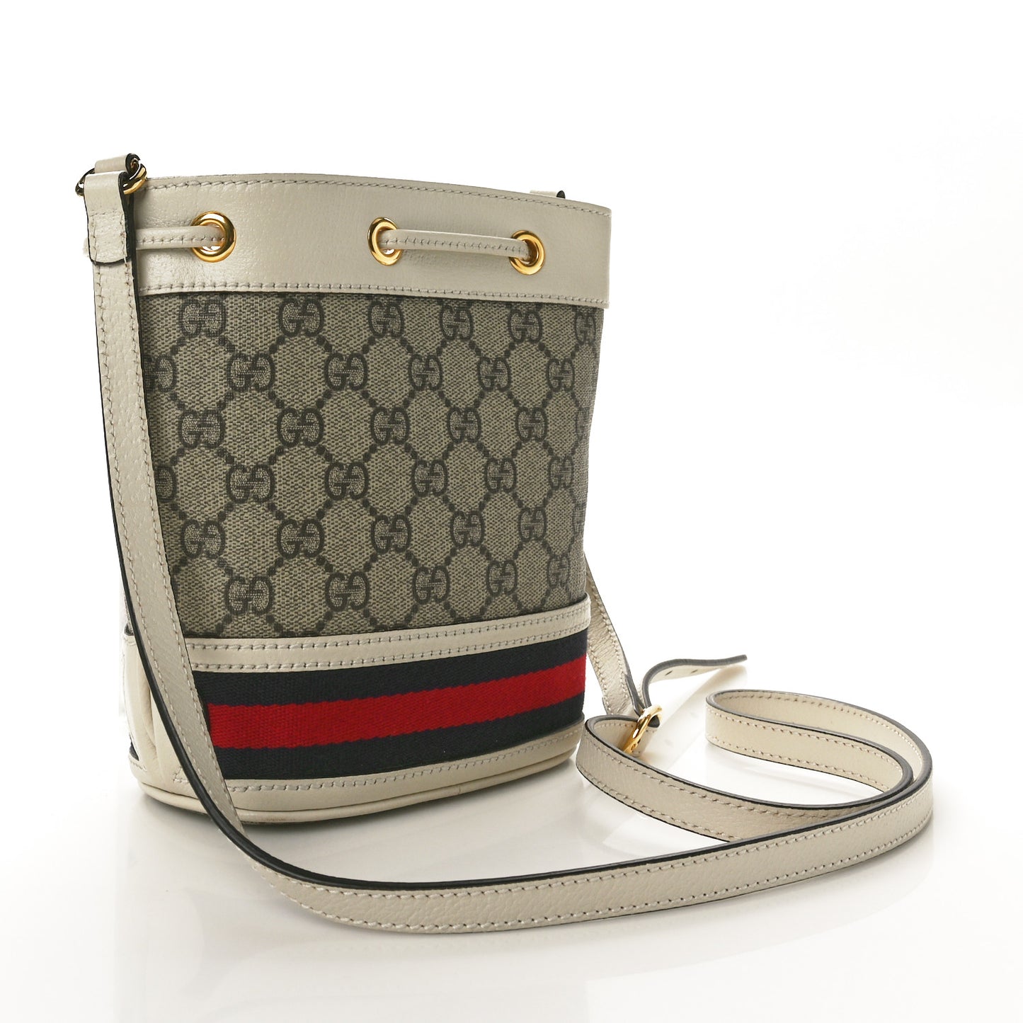 GG Supreme Monogram Textured Calfskin Web Mini Ophidia Bucket Bag Beige Ebony Mystic White
