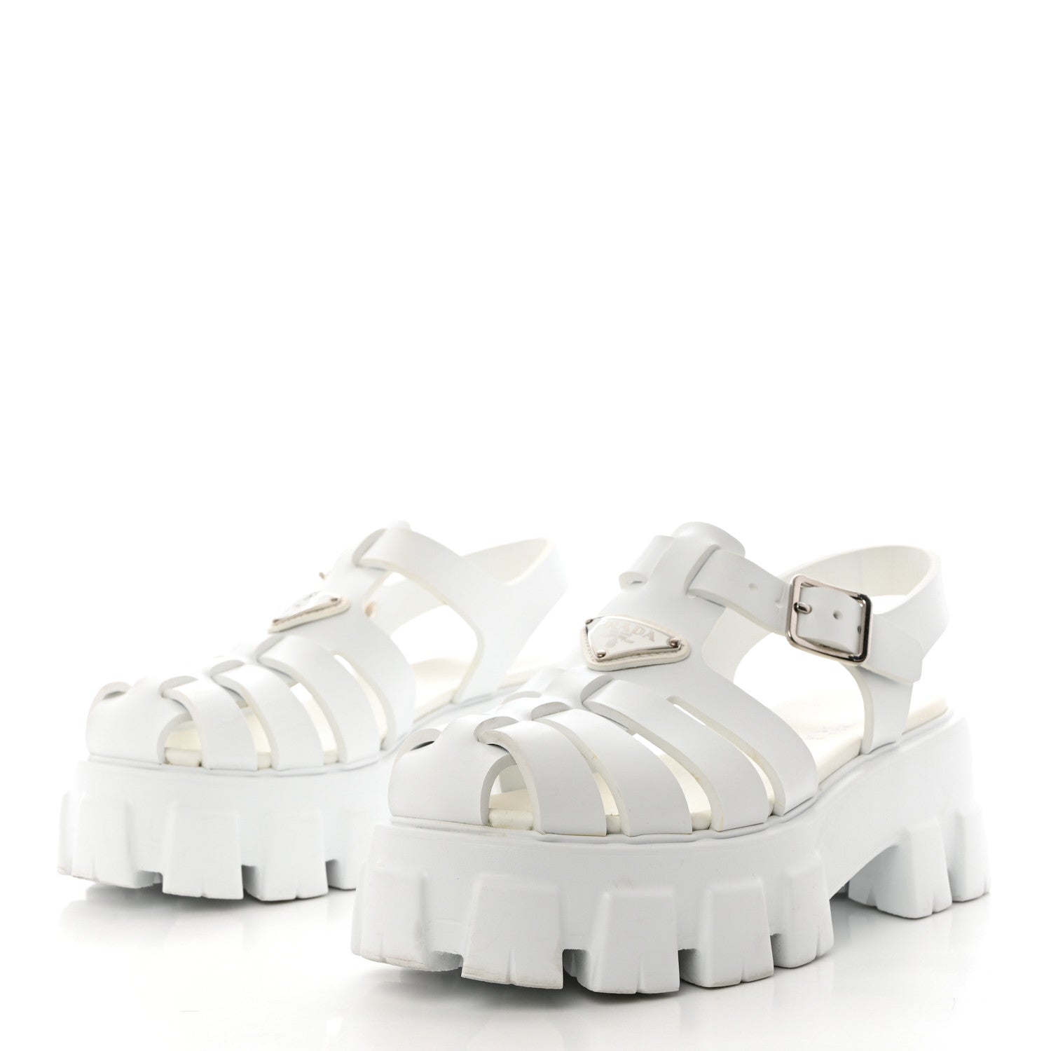 Prada Foam Rubber Metal Triangle Logo Monolith 55mm Cage Sandals 37 White 3 of 11