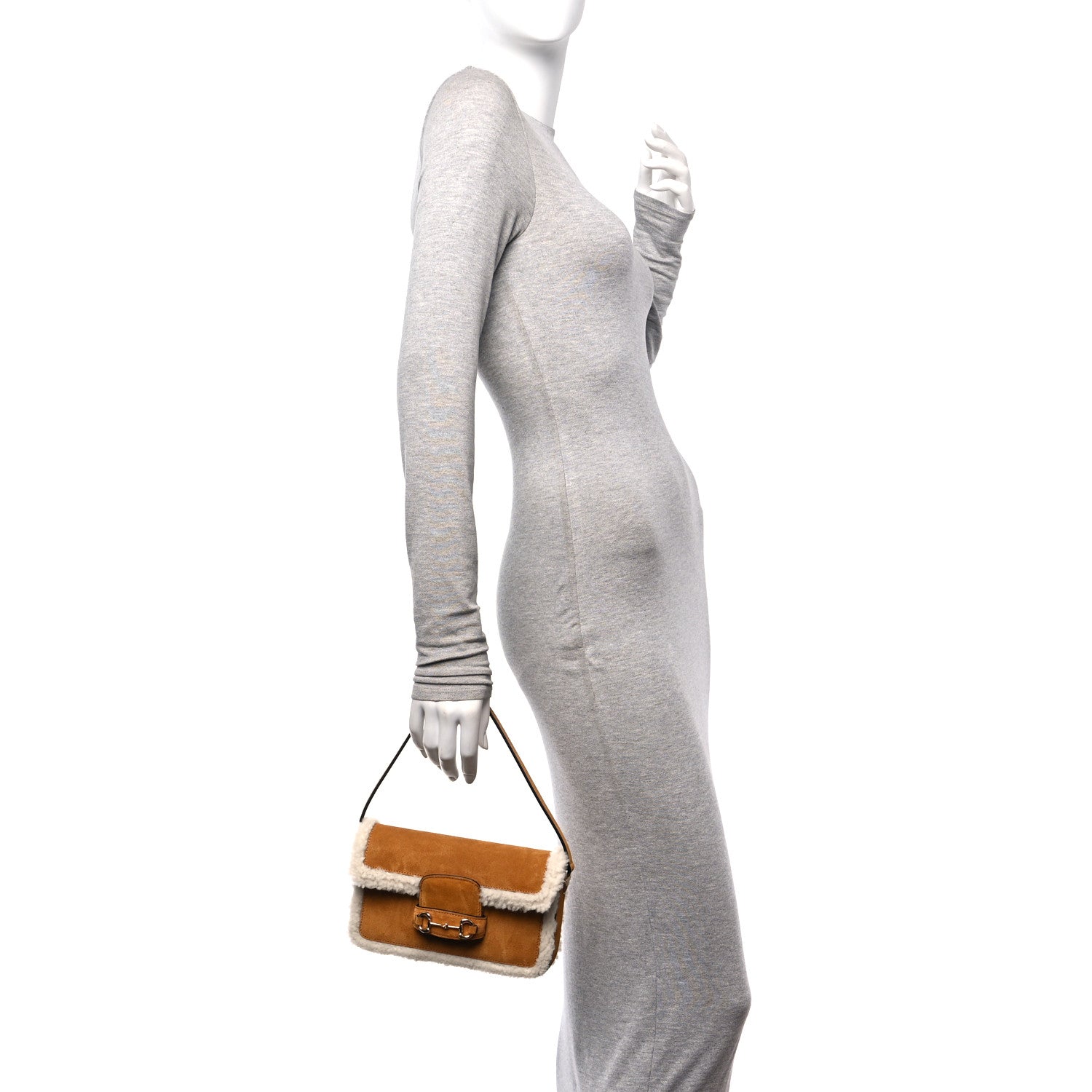Gucci Suede Shearling Horsebit Mini 1955 Shoulder Bag Honey Beige Milk 2 of 12
