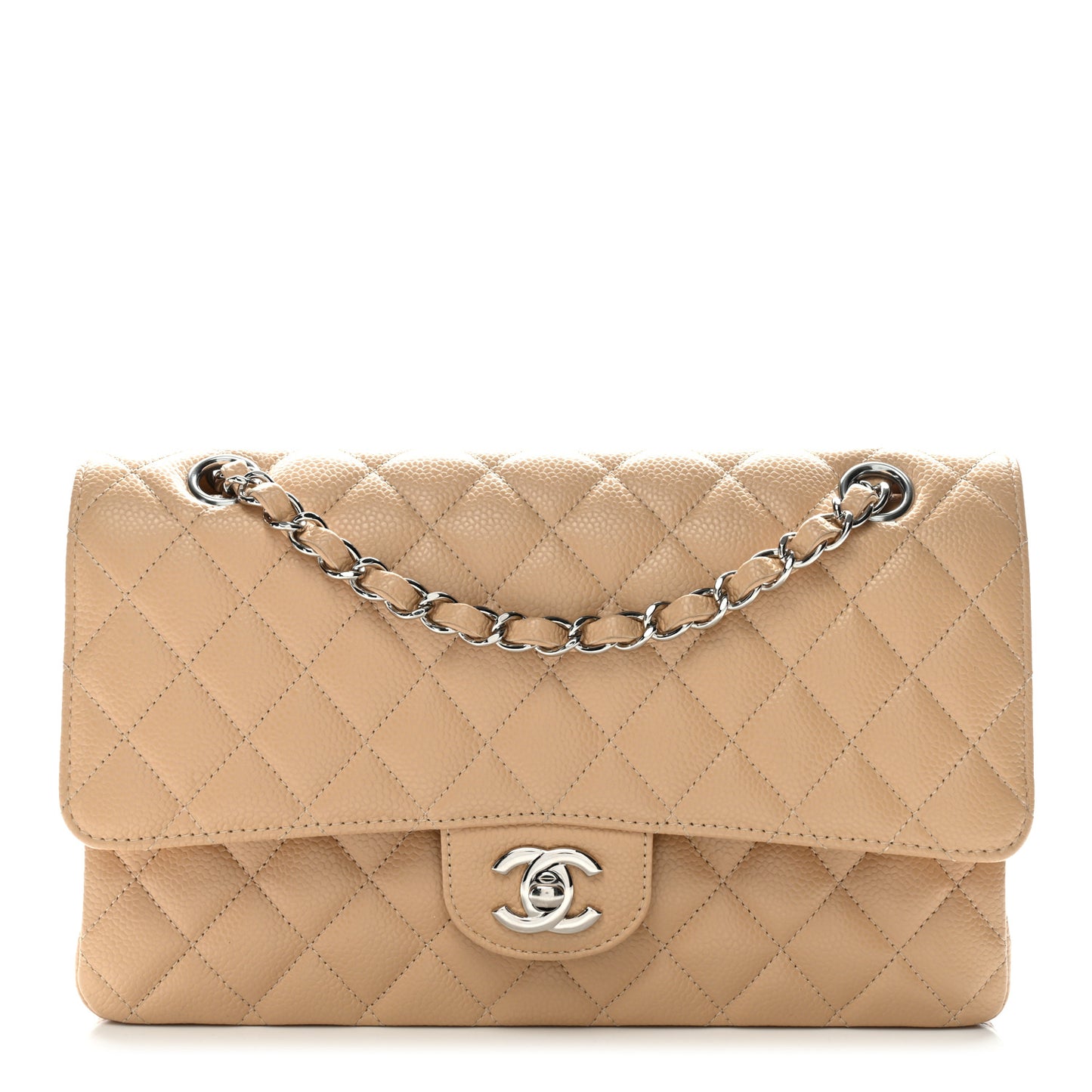 Caviar Quilted Medium Double Flap Beige