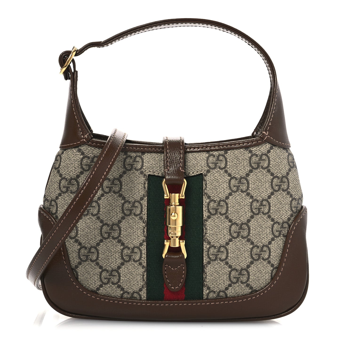 GG Supreme Monogram Azalea Calfskin Web Mini Jackie 1961 Hobo Beige Ebony Brown Sugar