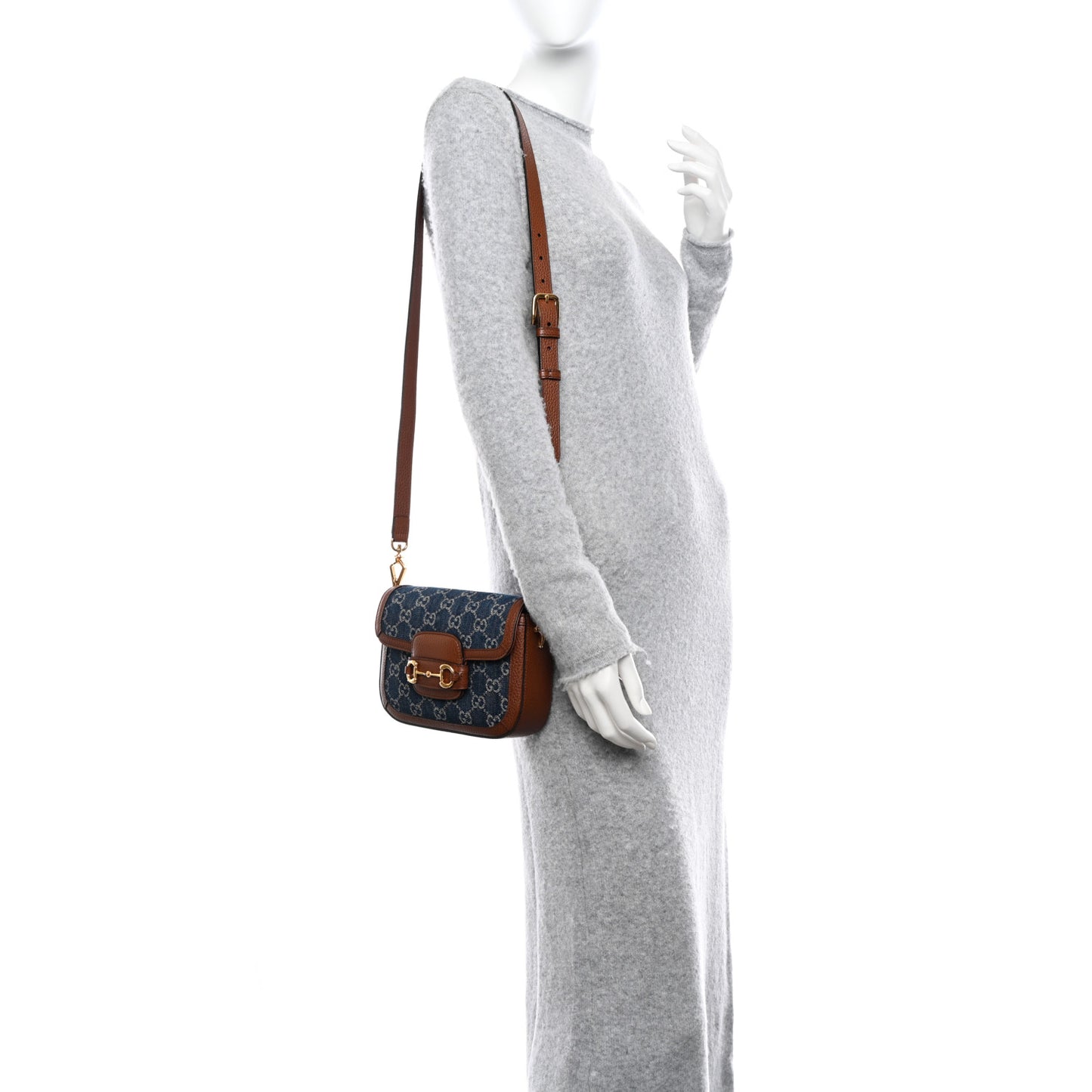 New Denim GG Monogram Dollar Calfskin Web Mini Horsebit 1955 Shoulder Bag Blue Tea Cuir Epilog