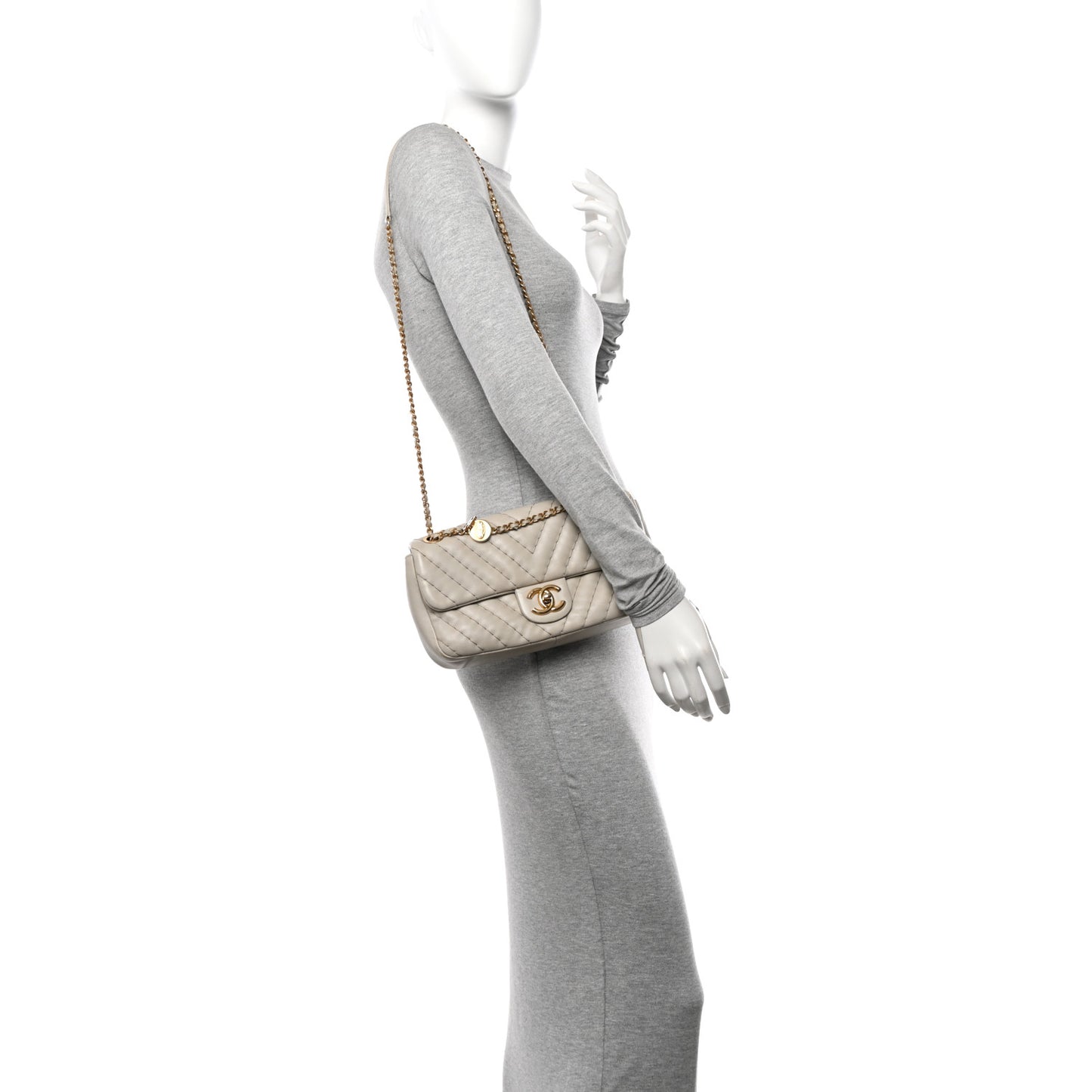 Calfskin Chevron Quilted Medium Surpique Flap Light Grey
