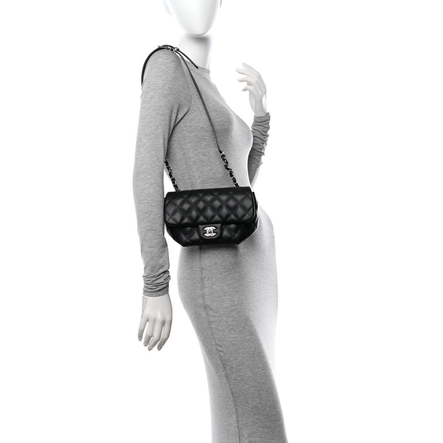 Calfskin Quilted CC Uniform Flap Belt Bag Black